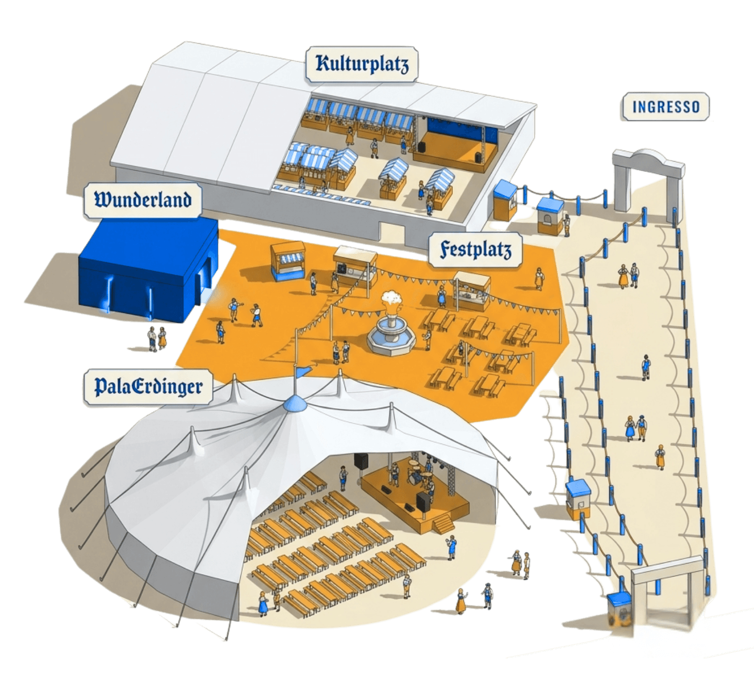 La mappa del villaggio: il tendone PalaErdinger, il Kulturplatz, il Festplatz, il Wunderland e il viale d'ingresso